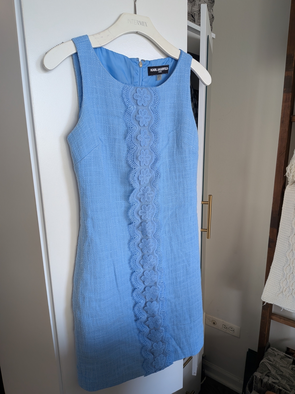 KARL LAGERFELD Sky Blue Sleeveless Lace-Trim Mini Dress